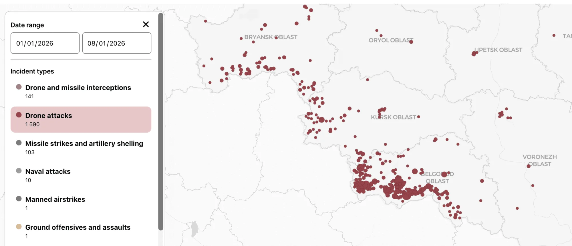 Un mapa de Novaya Gazeta Europe muestra las ubicaciones donde se reportaron ataques con drones ucranianos en el oeste de Rusia entre el 1 de enero y el 1 de agosto de 2026. Los incidentes se concentraron cerca de la frontera, pero se extendieron profundamente en territorio ruso. Créditos: Novaya Gazeta Europe.