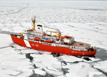 Canadian icebreaker the Louis St Laurent breaks ice in 2009 in the Arctic. Photograph: US Coast Guard Photo/Alamy