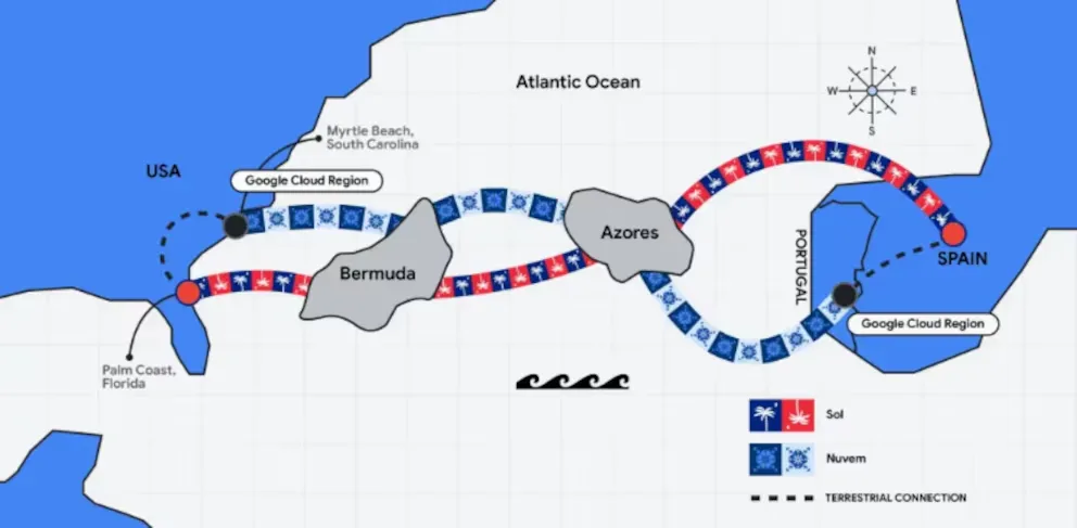 Mapa de Nuvem, el nuevo cable submarino de Google, que conecta Estados Unidos y Europa, a través del Atlántico