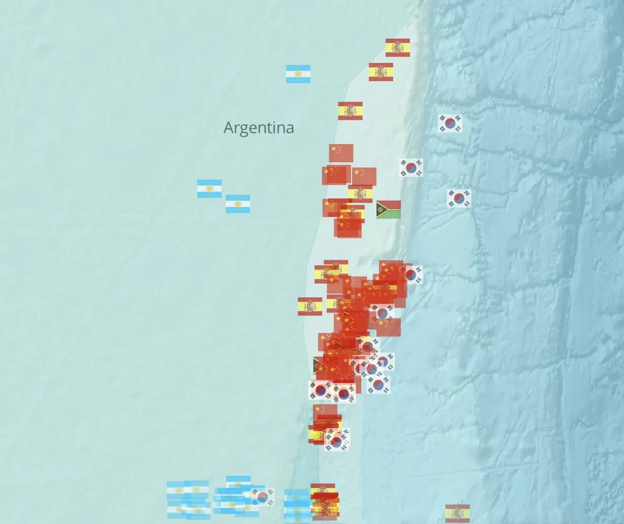 Imagen de las banderas de los pesqueros cerca de la Zona Económica Exclusiva de Argentina. Crédito: Skylight Milko Schvartzman via X