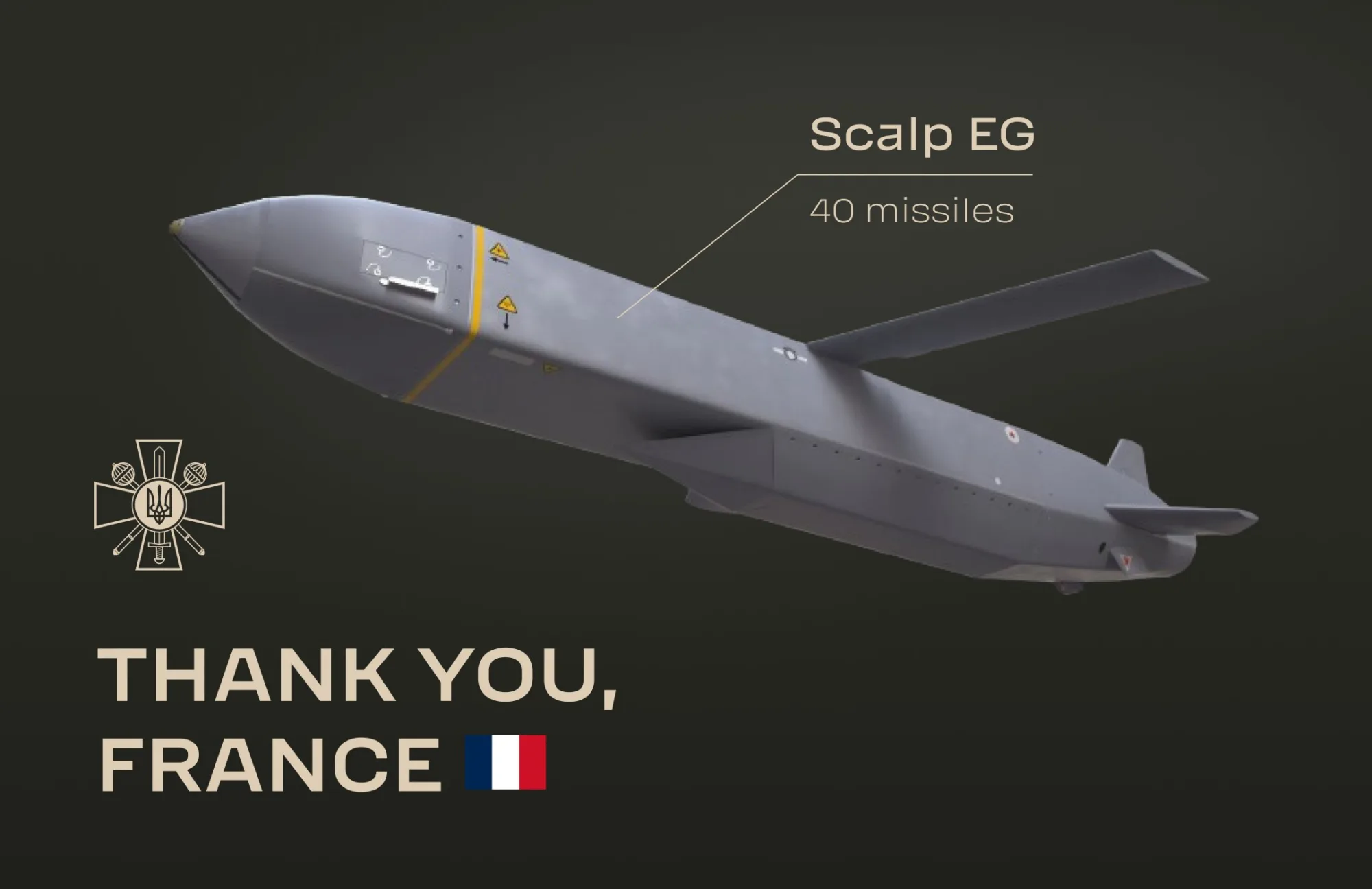 El Ministerio de Defensa de Ucrania agradece públicamente a Francia por el anuncio de Emmanuel Macron de entregar 40 misiles de crucero Scalp EG, reforzando la capacidad de la fuerza aérea ucraniana, en enero de 2024. Créditos: Ministerio de Defensa de Ucrania.