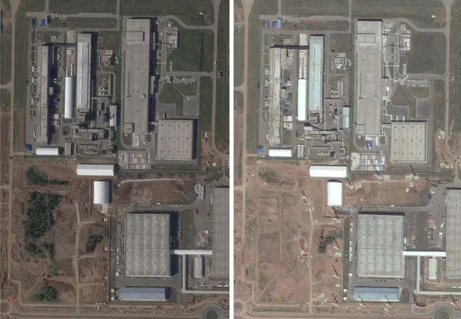 Imágenes satelitales de la zona de Alabuga. Izquierda: mayo de 2026, derecha: julio de 2026
Centro de Seguridad y Cooperación Ucraniano