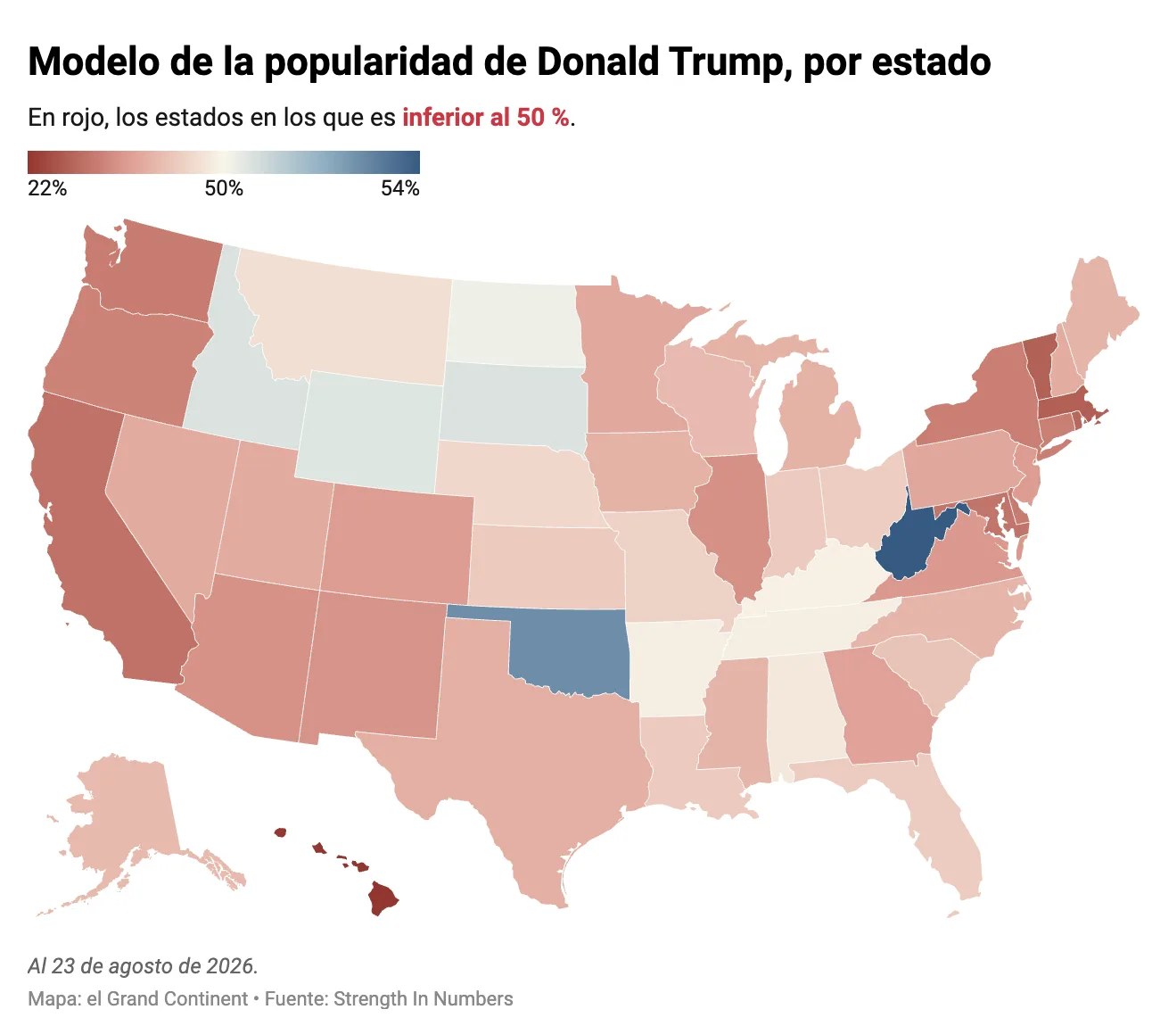 Mapa que muestra el nivel de popularidad y aprobación de Donald Trump por estado en Estados Unidos a fecha de agosto de 2026