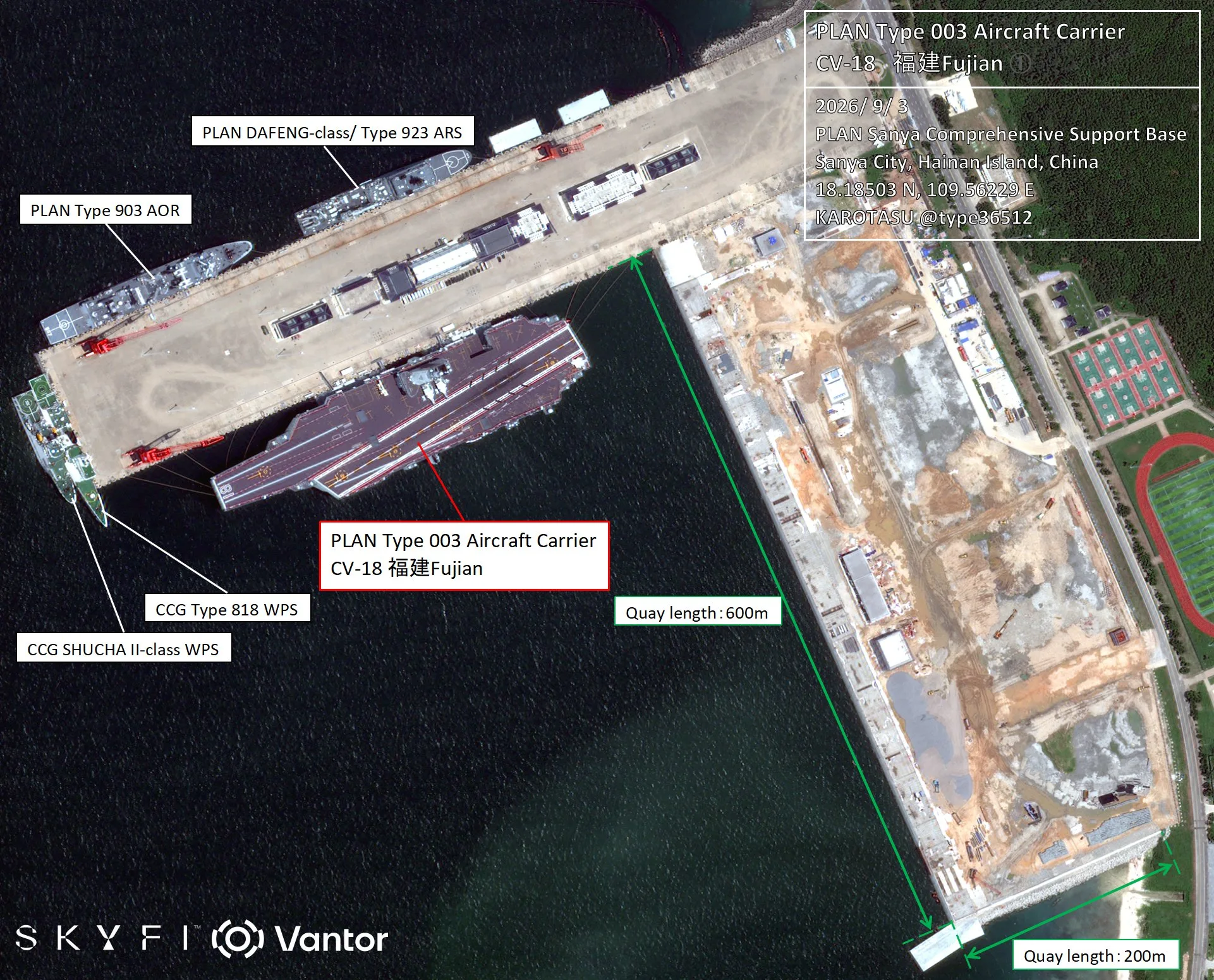 Imágenes satelitales tomadas el 3/9. Se confirman 5 buques atracados en el muelle, incluido el portaaviones Fujian. Crédito: KAROTASU vía X