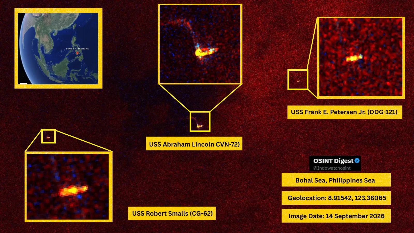 Imagen satelital del portaaviones USS Abraham Lincoln. Crédito: redes sociales