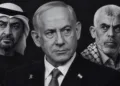 Una imagen ilustrativa que muestra, de izquierda a derecha, al presidente de los Emiratos Árabes Unidos, Mohammed bin Zayed, al primer ministro de Israel, Benjamin Netanyahu, y al fallecido líder de Hamas, Yahya Sinwa
