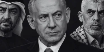 Una imagen ilustrativa que muestra, de izquierda a derecha, al presidente de los Emiratos Árabes Unidos, Mohammed bin Zayed, al primer ministro de Israel, Benjamin Netanyahu, y al fallecido líder de Hamas, Yahya Sinwa