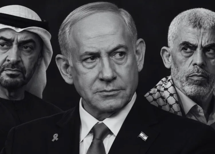 Una imagen ilustrativa que muestra, de izquierda a derecha, al presidente de los Emiratos Árabes Unidos, Mohammed bin Zayed, al primer ministro de Israel, Benjamin Netanyahu, y al fallecido líder de Hamas, Yahya Sinwa