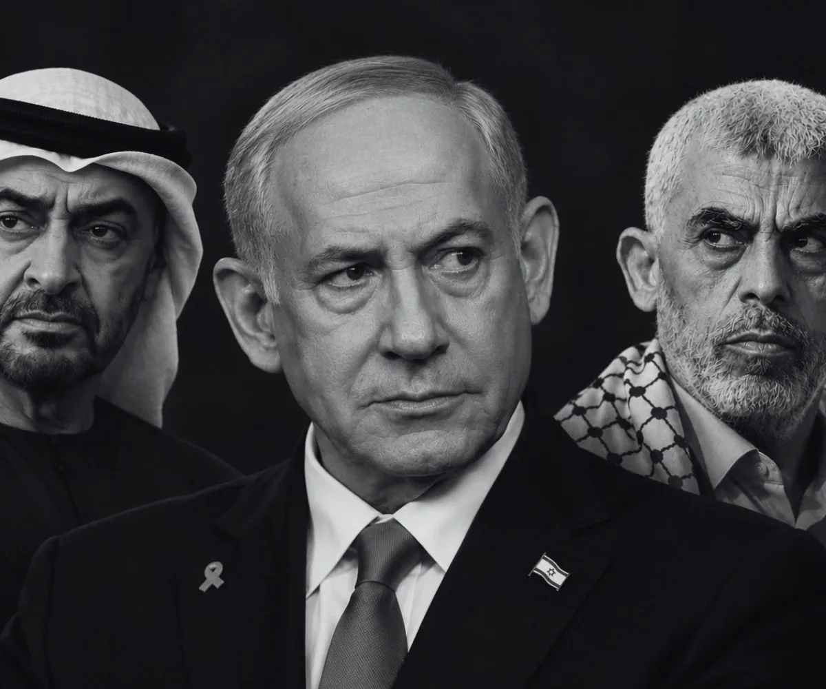Una imagen ilustrativa que muestra, de izquierda a derecha, al presidente de los Emiratos Árabes Unidos, Mohammed bin Zayed, al primer ministro de Israel, Benjamin Netanyahu, y al fallecido líder de Hamas, Yahya Sinwa