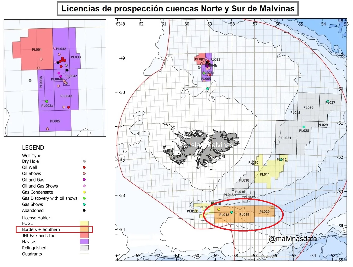 Mapa de las licencias otorgadas por el Reino Unido. Crédito: @MalvinasData vía X