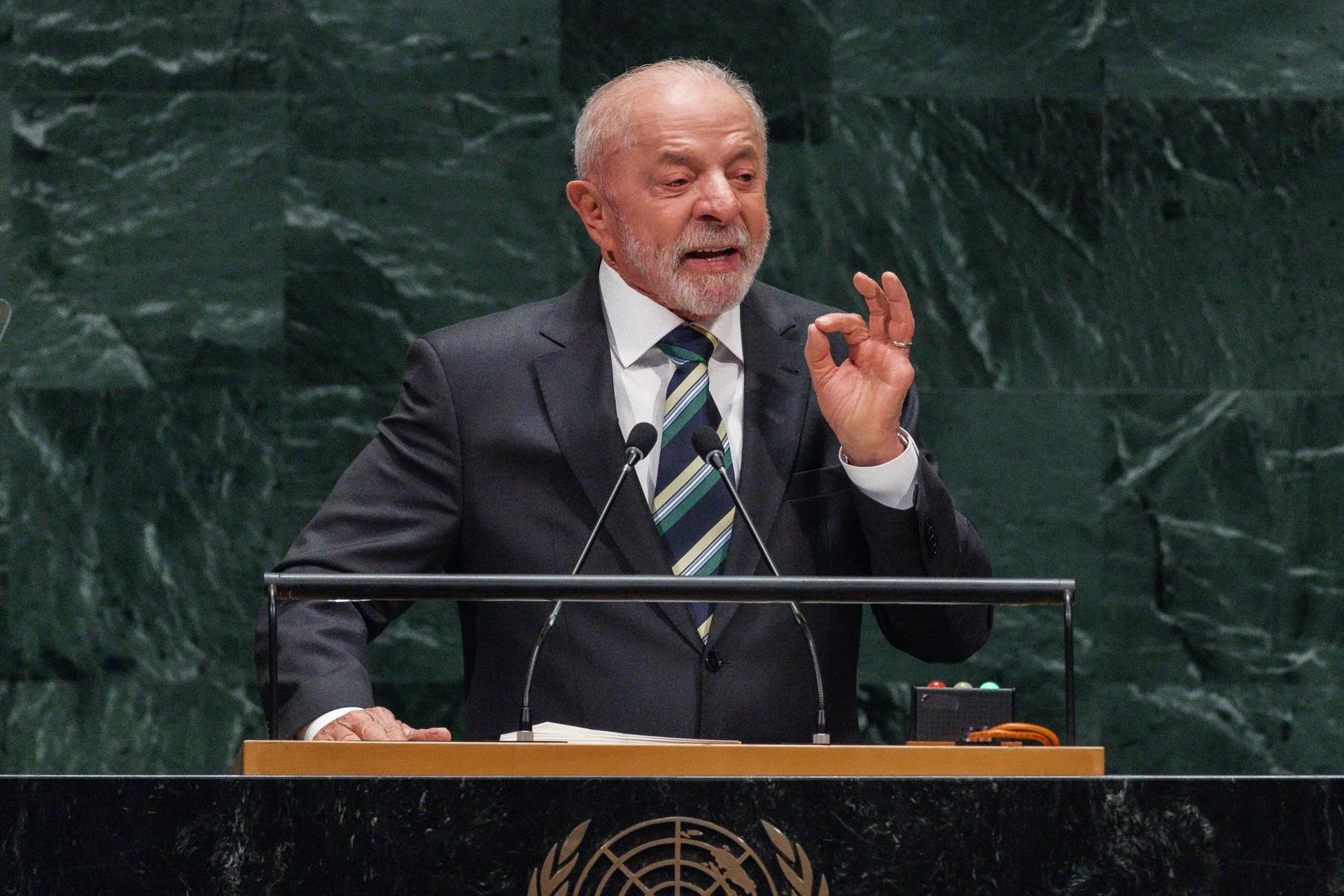 El presidente de Brasil, Luiz Inácio Lula da Silva, habla durante el Debate General del 81.º período de sesiones de la Asamblea General de las Naciones Unidas (ONU), en la sede de las Naciones Unidas en Nueva York, Nueva York, Estados Unidos, el 22 de septiembre de 2026. (Nueva York) EFE/OLGA FEDOROVA