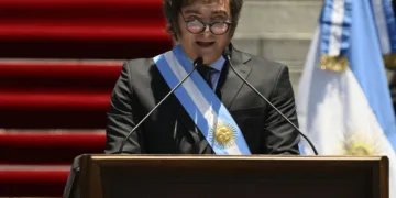 Javier Milei dando su primer discurso como Presidente de la Nación Argentina. Imagen ilustrativa.