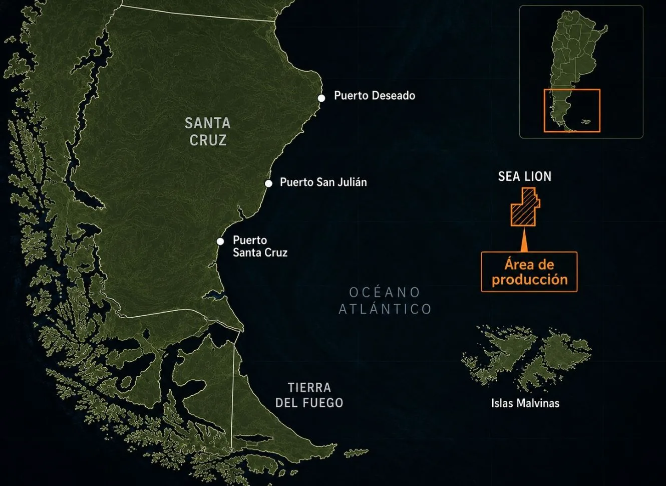 Mapa del proyecto Sea Lion de explotación de petróleo en las Islas Malvinas. Crédito: Escenario Mundial