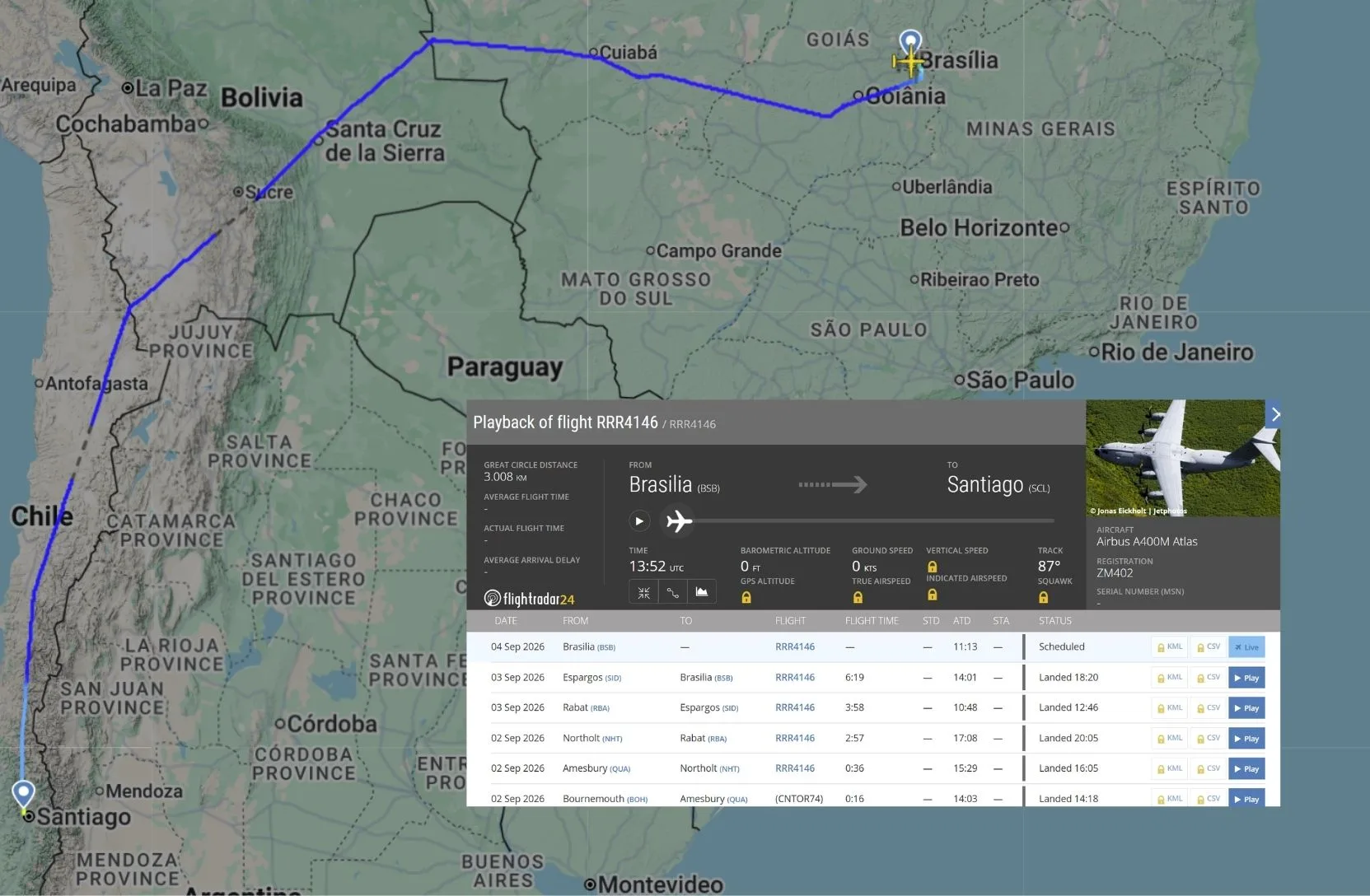 Viaje del A400M de Brasil a Chile. Crédito: Flightradar24