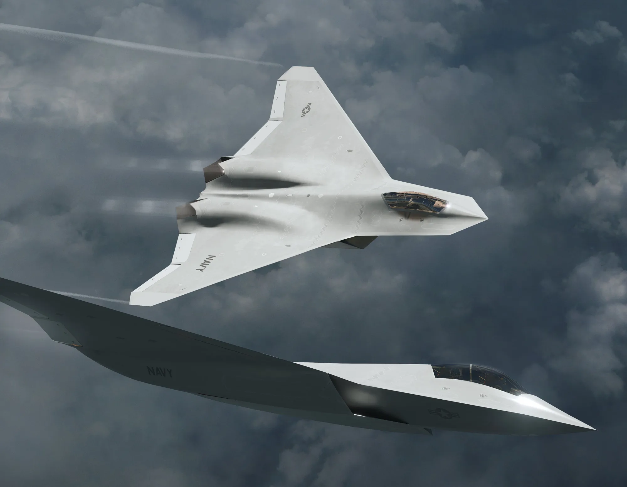 Imágenes conceptuales 3D de un caza F/A-XX para la US Navy sin canards, enfatizando un diseño stealth futurista con alas integradas y baja observabilidad. Créditos: @tomcat_fans