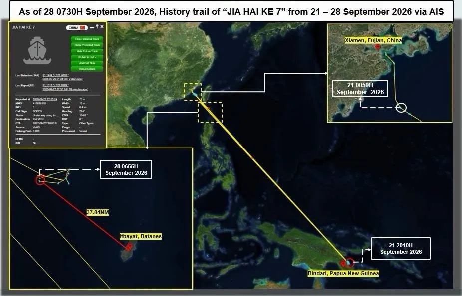 Las posiciones AIS emitidas por el buque chino JIA HAI KE 7 el lunes 28 de septiembre de 2026.
