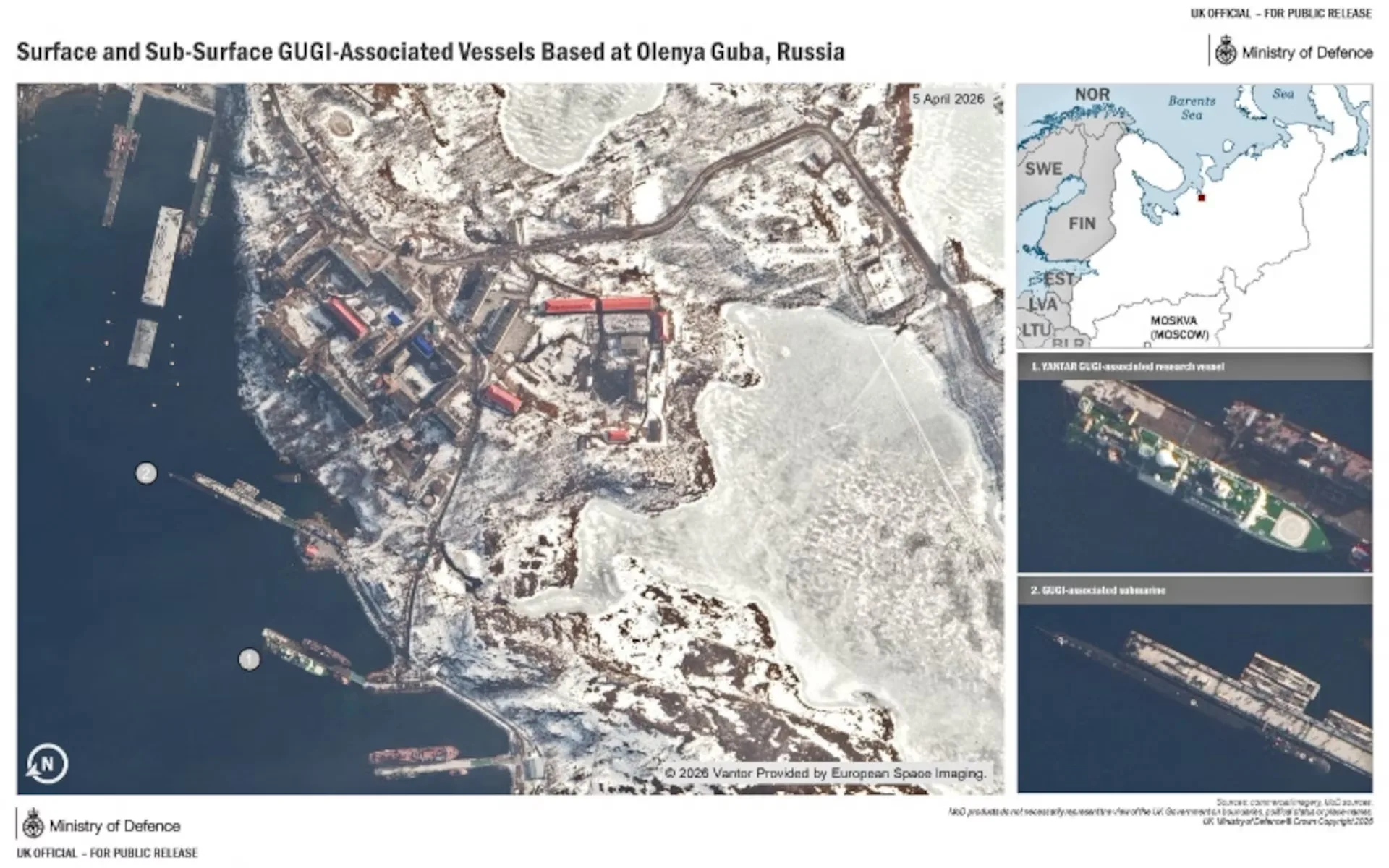 Imágenes satelitales de superficie y subsuperficie de los buques asociados a la Dirección Principal de Investigación de Aguas Profundas (GUGI) de Rusia, con base en Olenya Guba, Rusia, obtenidas por el Ministerio de Defensa británico