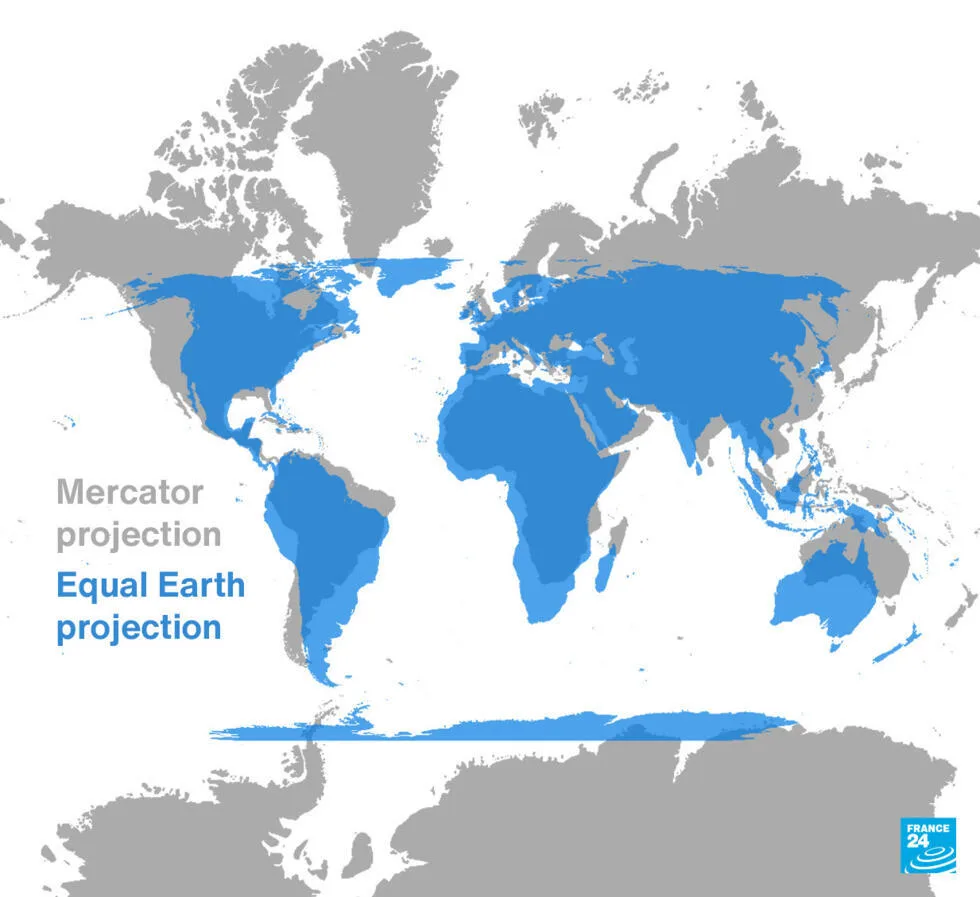 Comparación mapa Mercator con el nuevo de la ONU. Crédito: France24