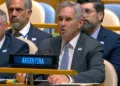 El Canciller de Argentina, Pablo Quirno, durante la replica al discurso del Primer Ministro del Reino Unido en la ONU. Crédito: Cancillería