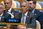 El Canciller de Argentina, Pablo Quirno, durante la replica al discurso del Primer Ministro del Reino Unido en la ONU. Crédito: Cancillería