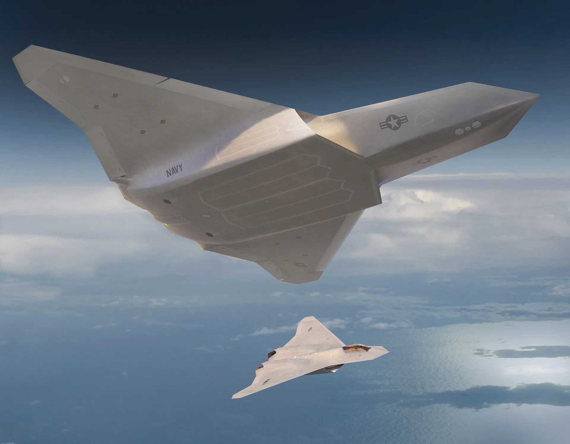 Imágenes conceptuales 3D de un caza F/A-XX para la US Navy sin canards, enfatizando un diseño stealth futurista con alas integradas y baja observabilidad. Créditos: @tomcat_fans