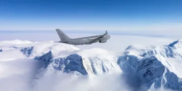 Avión de transporte militar británico Airbus A400M despegado desde las Islas Malvinas. Créditos: BFSAI.