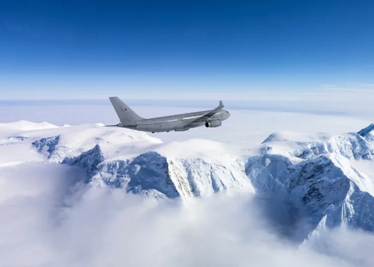 Avión de transporte militar británico Airbus A400M despegado desde las Islas Malvinas. Créditos: BFSAI.