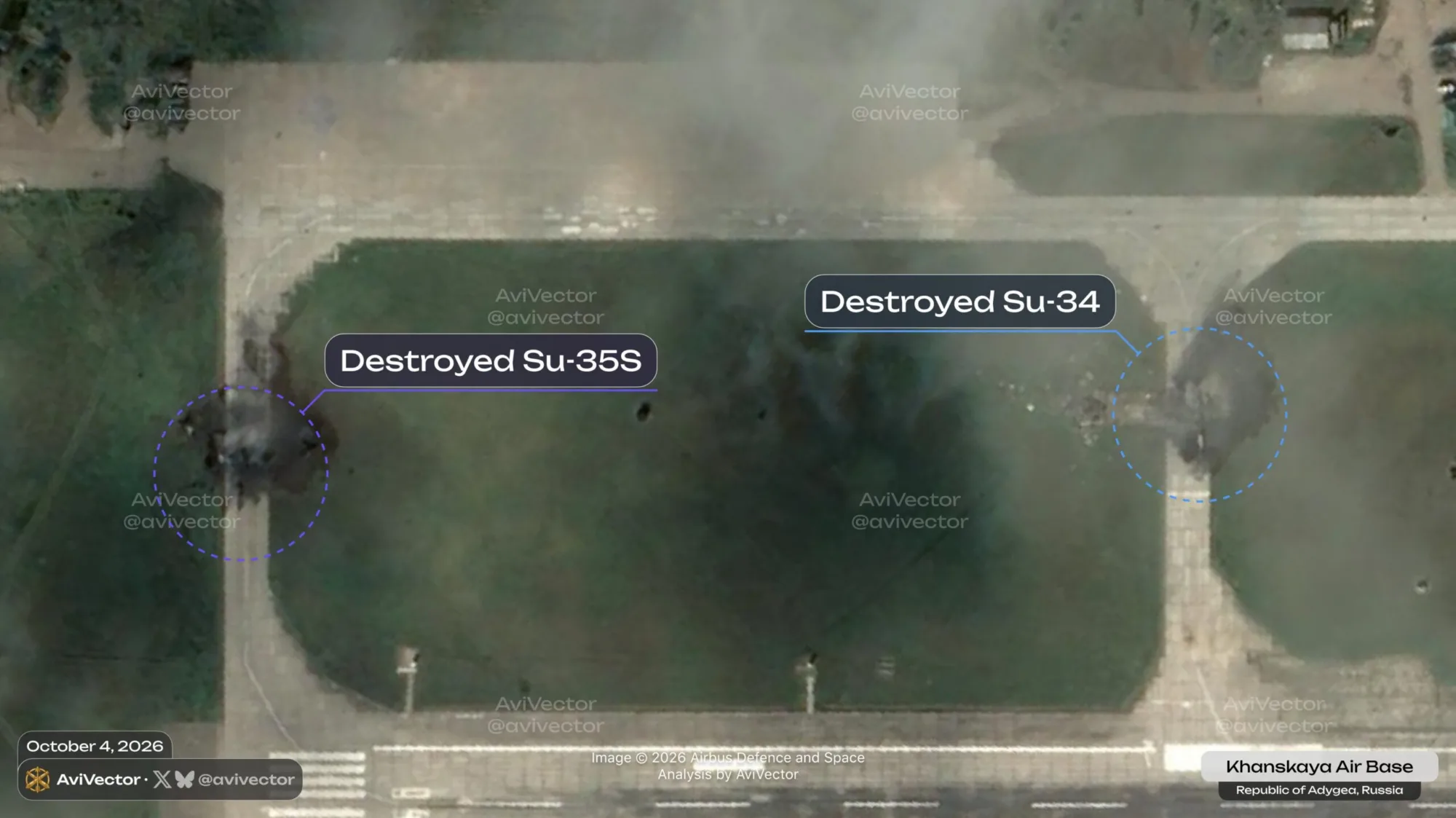 Destruyó aviones Su-35 y Su-34 tras el ataque a la base aérea de Khanskaya, República de Adicea, el 4 de octubre de 2026. Créditos de la foto: AviaVector