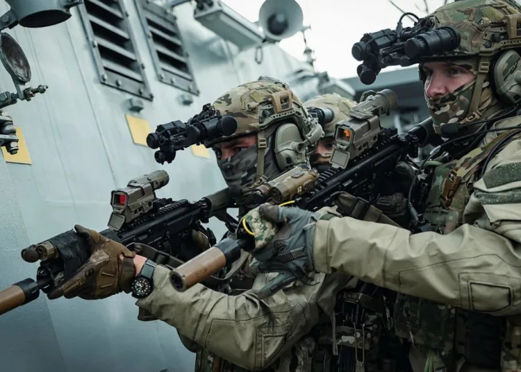 Operadores del grupo táctico marítimo de las Fuerzas de comandos del Reino Unido realizan un ejercicio de abordaje y despliegue táctico a bordo de una embarcación durante el ejercicio Lion Protector 2026
