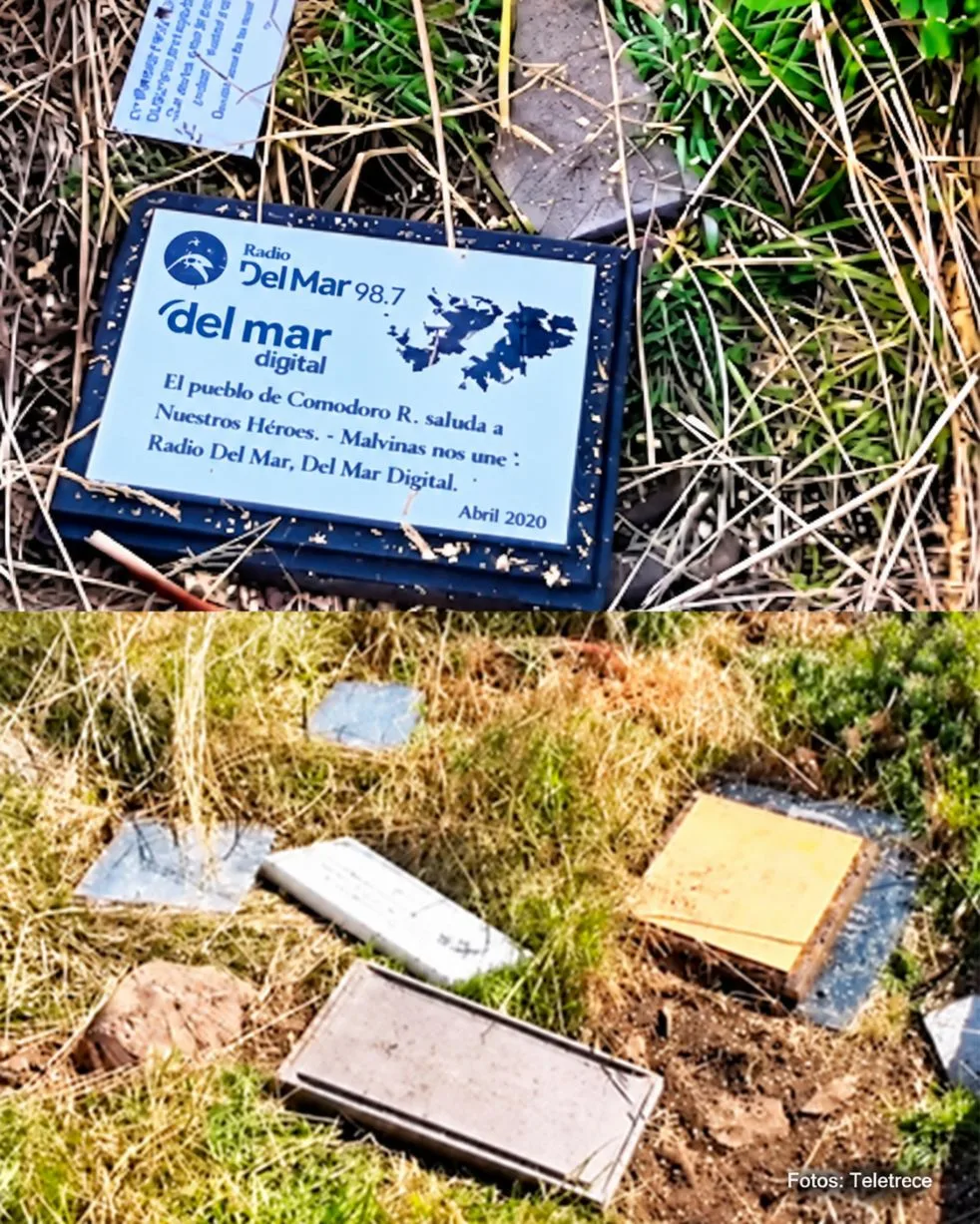 Placas en el Cementerio de Darwin descartadas en las Islas Malvinas. Crédito: Teletrece