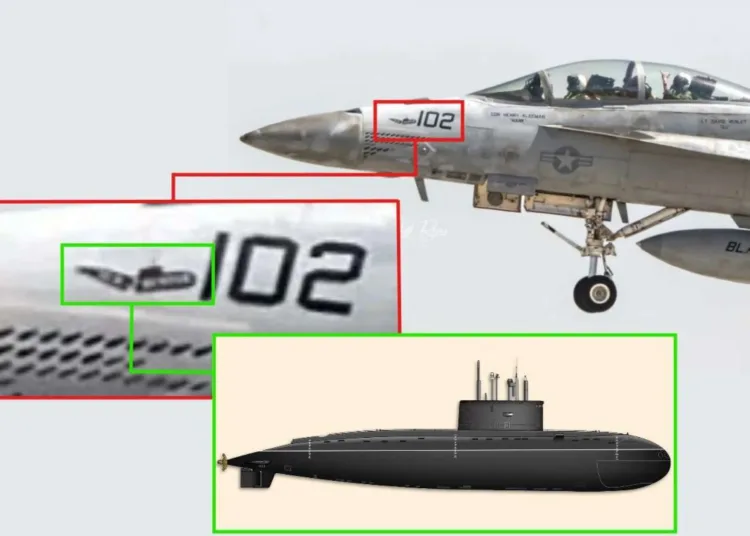 Una rara marca de "Sub Buster" en un F/A-18F Super Hornet del VFA-41 apunta a una posible participación en un ataque estadounidense contra un submarino iraní durante la Operación Furia Épica (Fuente de la imagen: Jeff Rojas / USNI / Editado por Army Recognition Group).